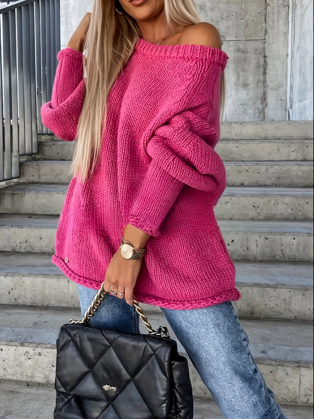 ZARA Off Shoulder Round Neck Pullover Solid Loose Plus Size Sweater